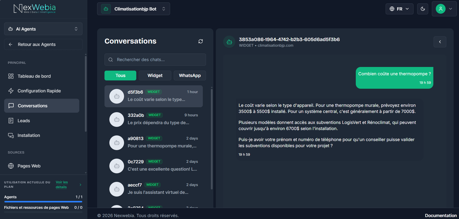 Portail client NexWebia pour gérer les agents IA, conversations et leads