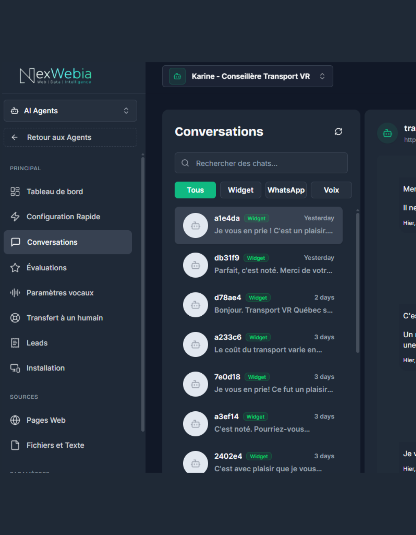 Capture réelle du chatbot NexWebia — vue 1